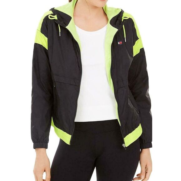 Hilfiger Windbreaker Lined Wm Sz M Navy Blue & Neon Yellow Accents Soft Fabric - Picture 2 of 16